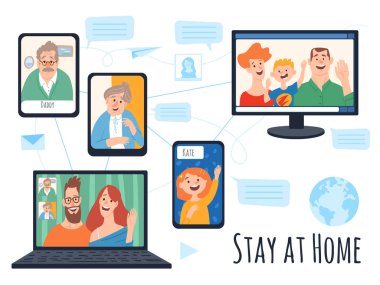 Aile, yetişkinler ve internet bağlantılarıyla evde izolasyon vektör illüstrasyonunda kalın. Evde kal ve ailenle irtibat kur.. 