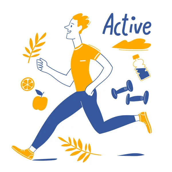 Hombre Activo Estilo Doodle Corriendo Tarjeta Mañana Bueno Para Naturaleza — Archivo Imágenes Vectoriales