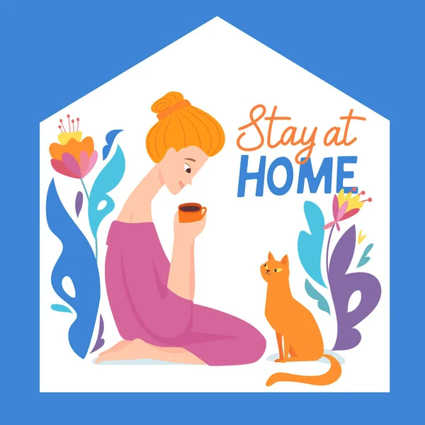 Vector Quarantine Illustration Woman Drink Tea Her Cat Alone Home — Stock Vector