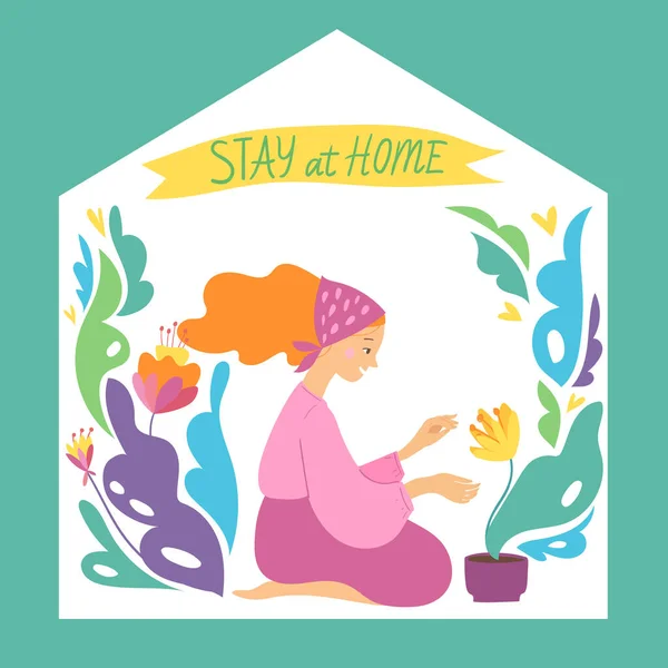 Vector Quarantine Illustration Woman Plant Flower Alone Home Isolated Protect — Stock Vector
