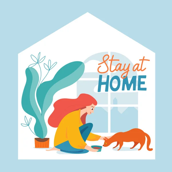 Vector Stay Home Quarantine Illustration Woman Staying Her Cat Alone — Stock Vector