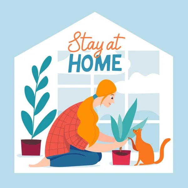 Vector Stay Home Quarantine Illustration Woman Plant Flower Her Cat — Stock Vector