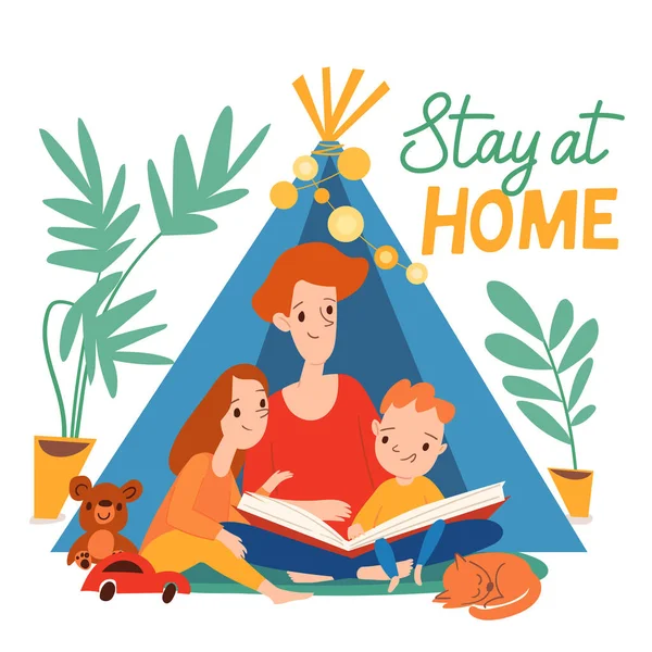 Family Isolation Stay Home Image Vector Quarantine Illustration Mother Read — Stock Vector