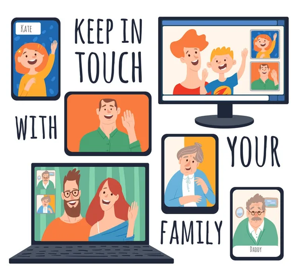 Home Isolatie Vector Illustratie Met Familie Volwassenen Internetverbinding Blijf Thuis — Stockvector