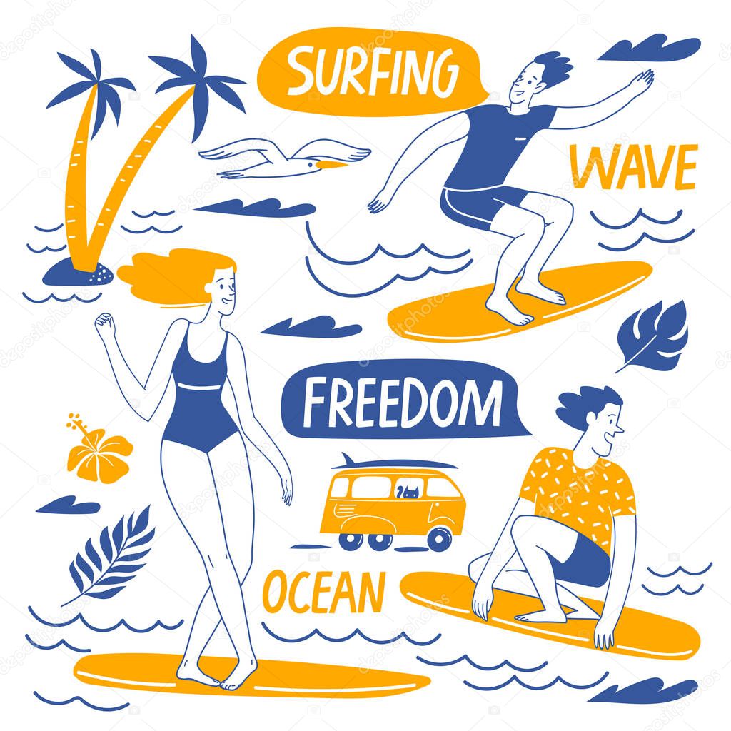 Surfing life style summer infographic design vector set. Good for motivational nature ocen lifestyle card or poster 