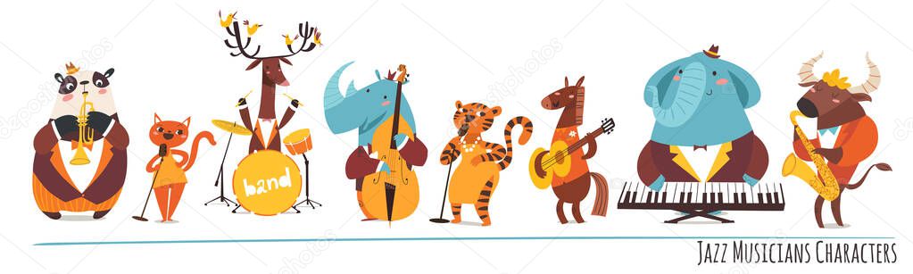 Set of jazz musicians of different animals playing musical instruments and singing. Jazz musicians characters 