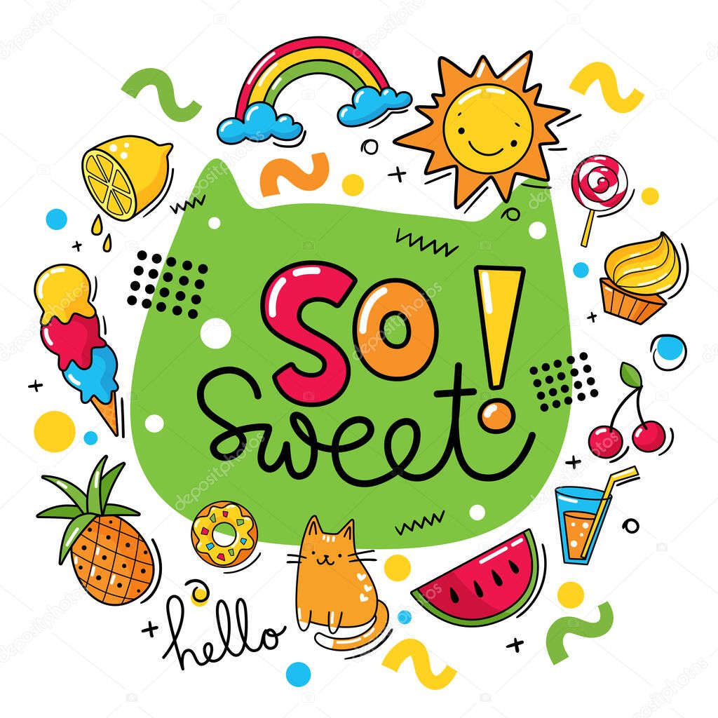 So sweet summer vector poster with summer symbols and cool lettering in pop bright colors style. Great for t-shirt, bag, notebook cover print. 
