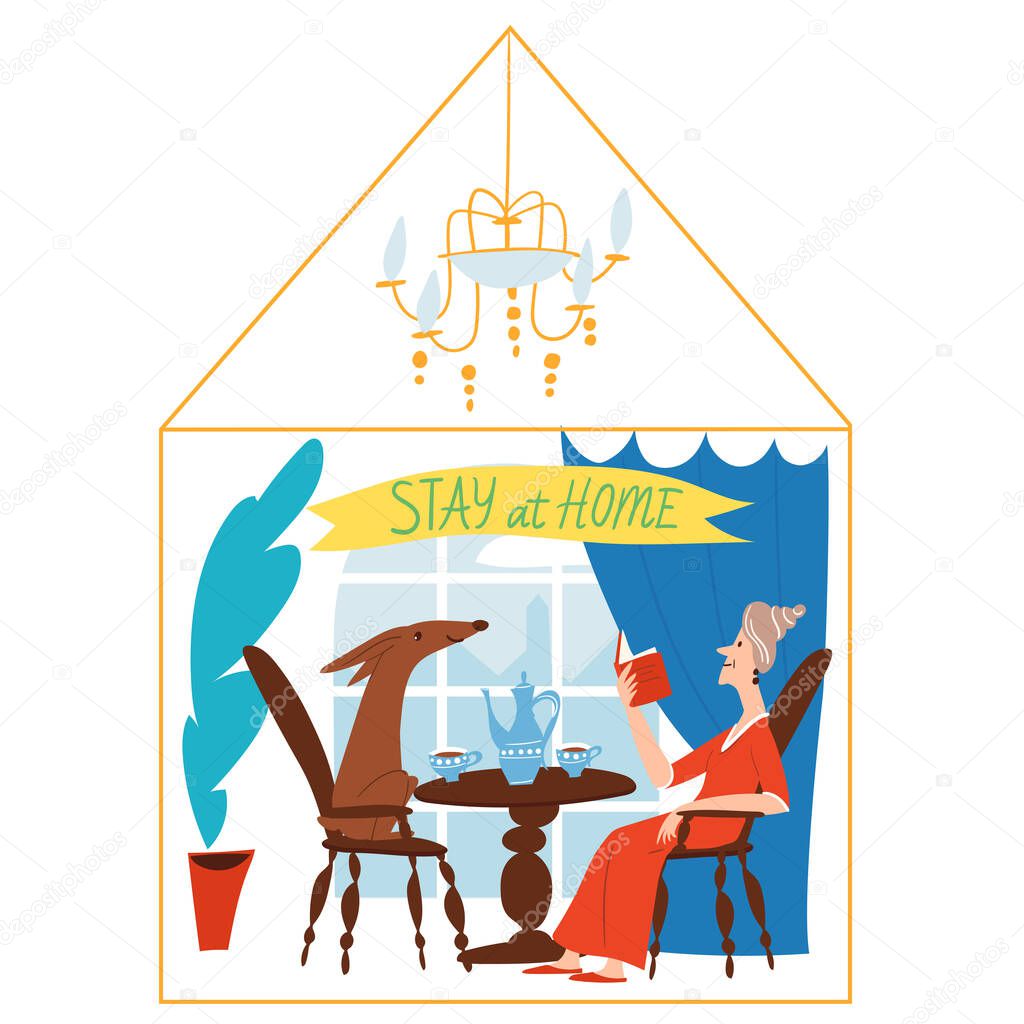 Stay at home and be safe for adult lady with dog. Vector quarantine illustration with a woman drink a tea with her dog alone in home isolated to protect virus.