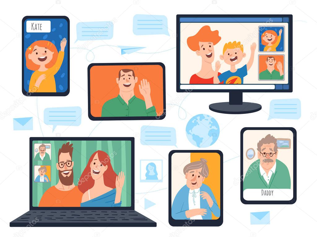 Home isolation vector illustration with different devices and happy family connected. Stay at home and be in touch with your family. 