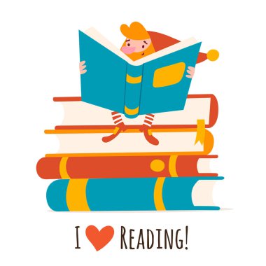 Bir kitap kartı okuyan vektör cüce karakter 