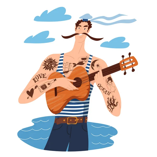 Seni Musikal Dengan Karakter Pelaut Kartun Bermain Gitar - Stok Vektor
