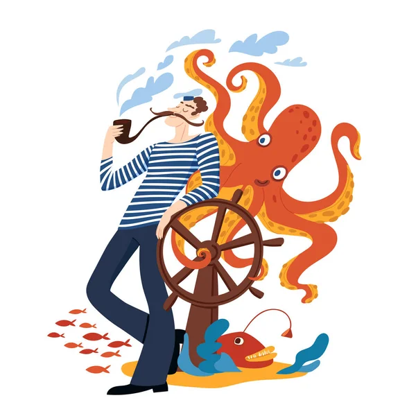 Cartoon Zeeman Karakter Met Grappige Octopus Voor Afdruk — Stockvector