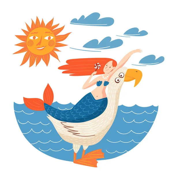 Océano Divertida Ilustración Con Sirena Con Dulces Gaviota — Archivo Imágenes Vectoriales