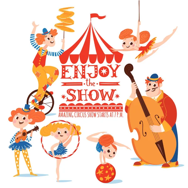 Ciesz Się Show Cyrkowy Plakat Wektor Liternictwa Kreskówek Cute Znaków — Wektor stockowy