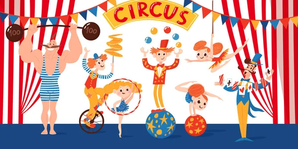 Great Circus Vector Poster Cartoon Cute Characters — Stock Vector