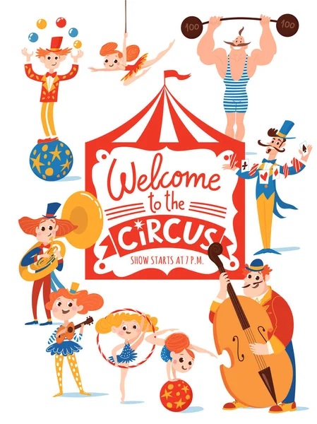 Bienvenue Sur Affiche Vectorielle Cirque Avec Lettrage Dessin Animé Mignon — Image vectorielle