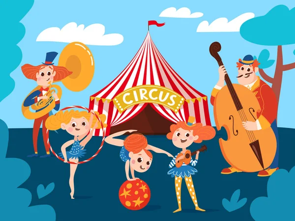 Zirkus Hintergrund Mit Musikern Und Comic Figuren — Stockvektor