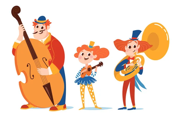 Cartoon vector characters play jazz music in circus costumes.
