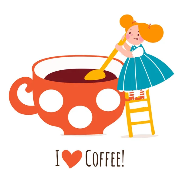 我喜欢有可爱精灵或侏儒的咖啡向量设计 — 图库矢量图片