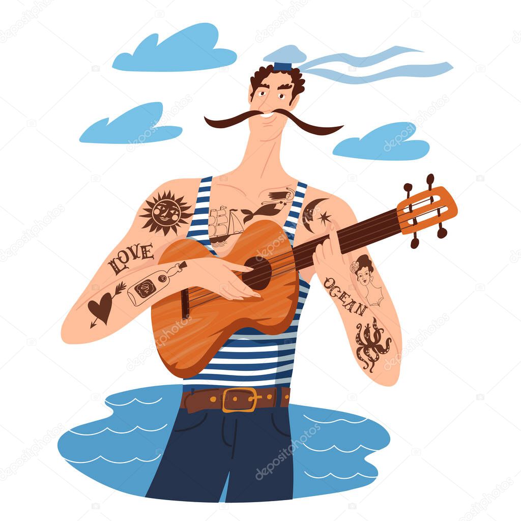 Musical art with cartoon sailor character playing  guitar