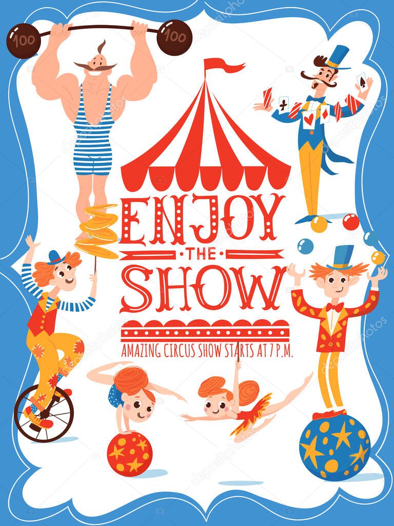 Circus vector poster with lettering and cartoon cute characters 