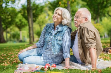 Neşeli yaşlı karı koca Park'ta dinlenme