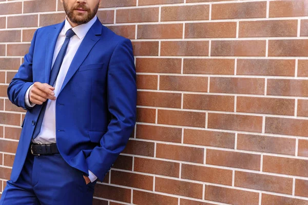 Homem de negócios elegante em pé na frente da parede de tijolo — Fotografia de Stock