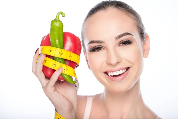 Chica feliz dieta con alimentos saludables — Foto de Stock