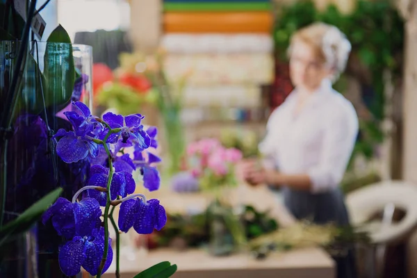 Смертельна жінка працює в квітковому магазині — стокове фото