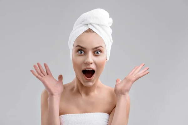 Shy girl screaming after taking a shower — Stock Photo, Image