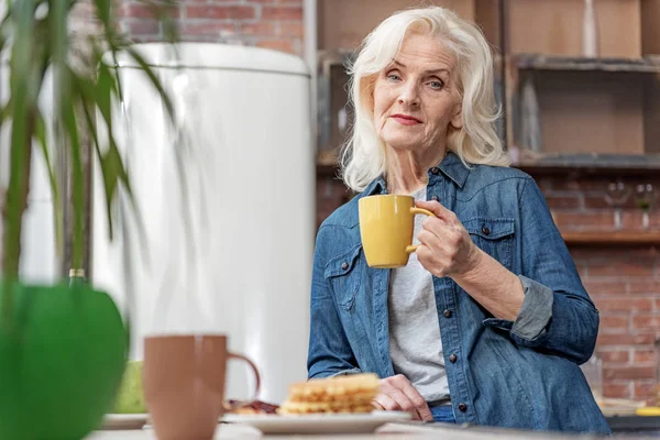 Serine anciana bebiendo té en casa — Foto de Stock