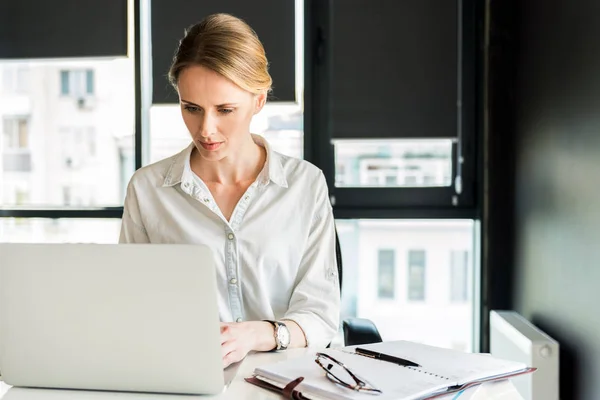 Självsäker elegant ung dam som arbetar på kontor — Stockfoto