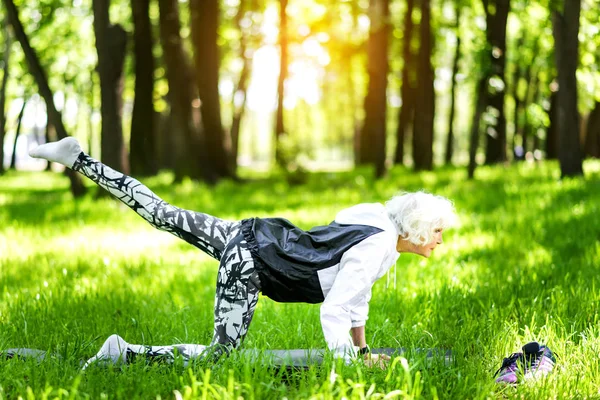 Концентрированная старуха тренирует йогу в парке — стоковое фото