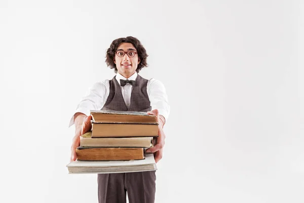 Cheerful young male bookworm proposing to read with him — Stock Photo, Image