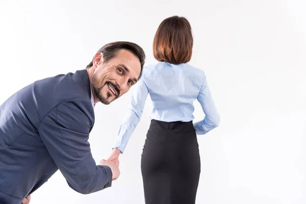 Pleasant mature male is standing with lady — Stock Photo, Image