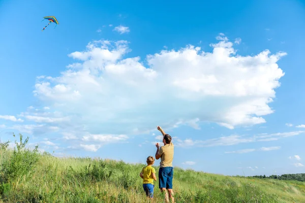 Cheerful man playing with his child on grassland — Stock Photo, Image