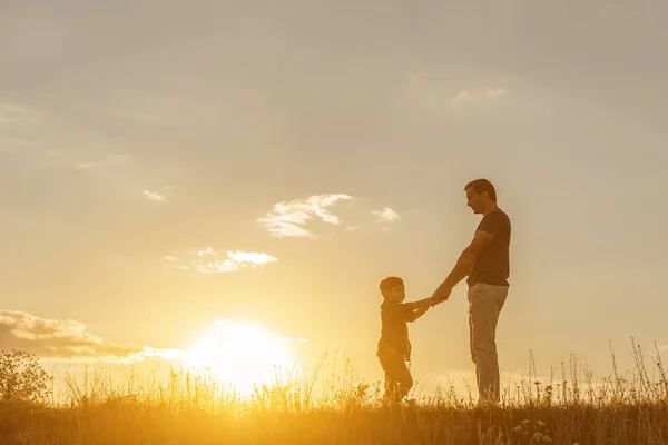Heureux père et fils debout sur les prairies — Photo