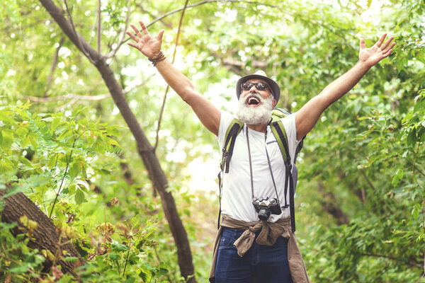 I am free. Portrait of happy senior male tourist is enjoying nature during his travel. He is stretching arms up and shouting while laughing