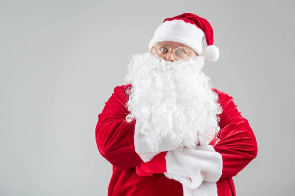 Stern senior grandfather wearing Christmas red and white costume — Stock Photo, Image