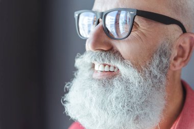 Neşeli şık gri saçlı erkek sevinçlilik ifade