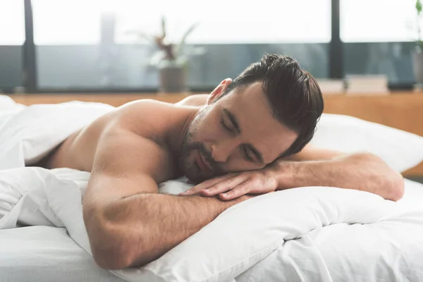 Спокойный парень, дремлющий на кровати — стоковое фото