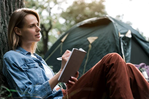 Mujer inspirada notando sus pensamientos durante el viaje — Foto de Stock