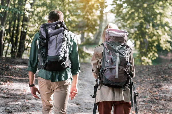 Young couple hiking in forest with rucksacks