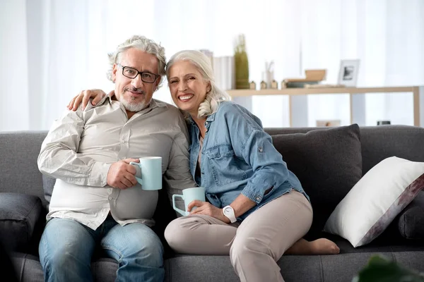 Glædelig moden mand og kvinde hviler på sofaen derhjemme - Stock-foto