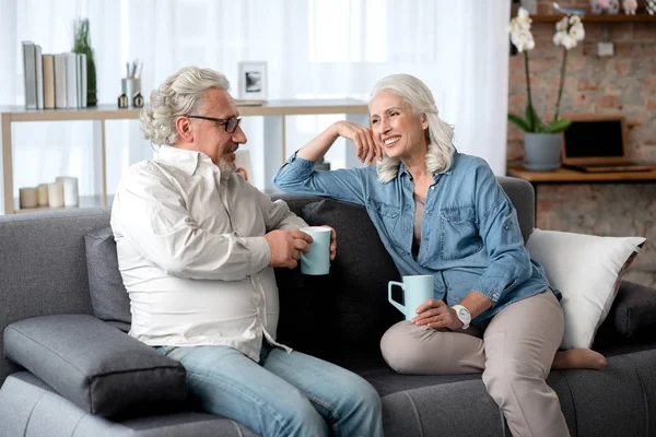 Joyful senior married couple relaxing in living room