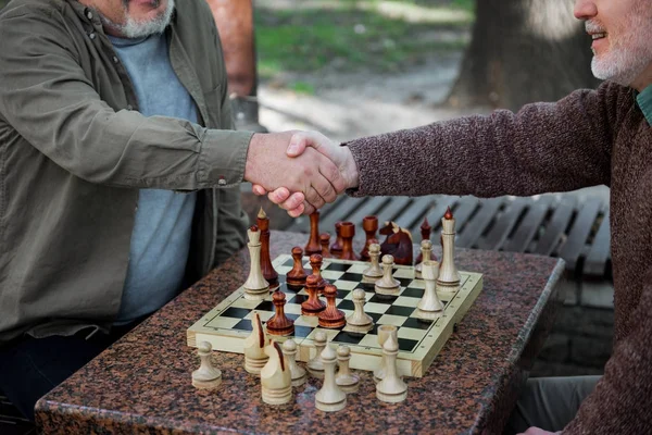 Senior male pensioner congratulating chess opponent by handshake — Stock Photo, Image