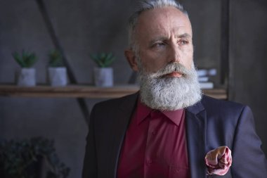Sakallı ciddi emekli adam odada bulma