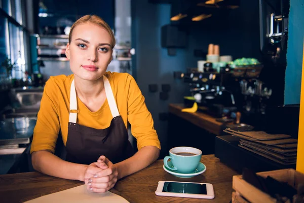 Barista femenina seria teniendo trabajo en la cafetería — Foto de Stock