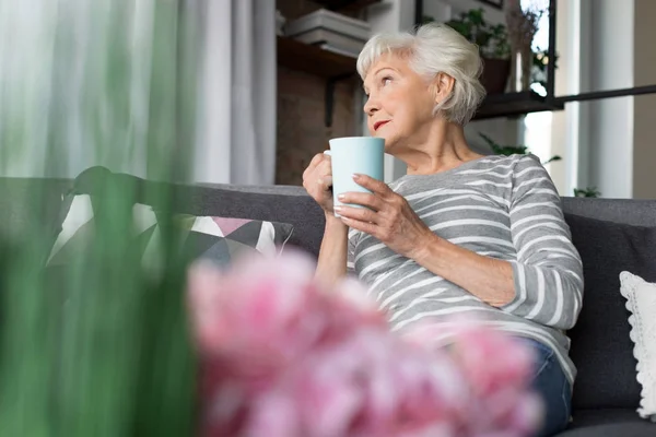 Encantadora anciana relajándose en el sofá con bebida caliente — Foto de Stock