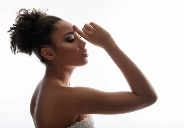 Quiet woman showing tidy and cared skin — Stock Photo, Image